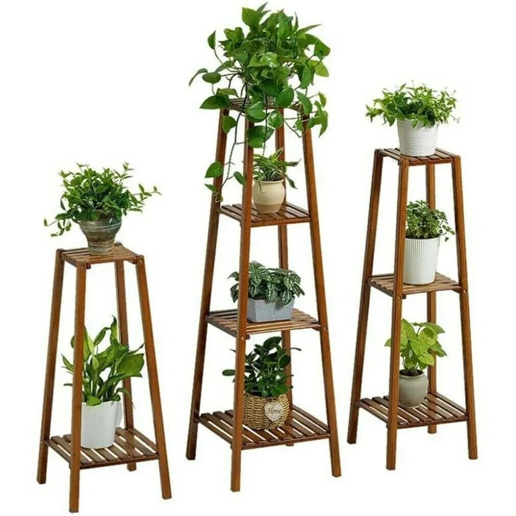 77/97/117cm Tall Bamboo Plant Stand Flower Pot Display Rack Shelf Indoor Outdoor