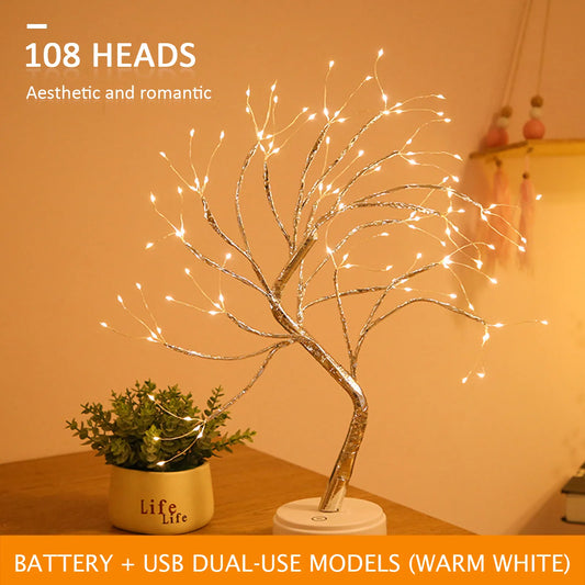 LED Night Light Tabletop Bonsai Tree Light Lamp USB or Touch Switch Copper Wire Bedside Light