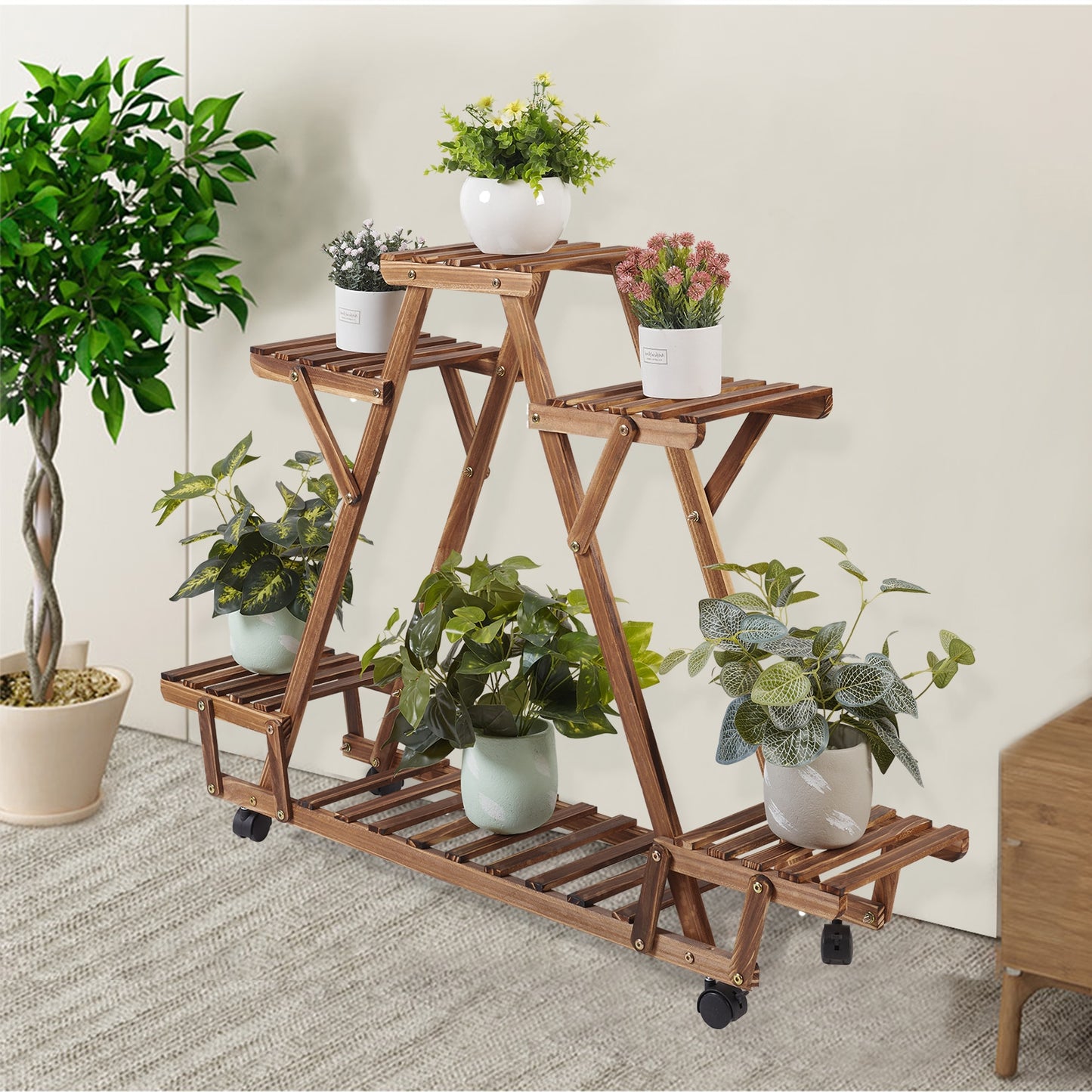 Triangular Plant Shelf 6 Potted Carbonized Wood Plant Holder - outpostpocket