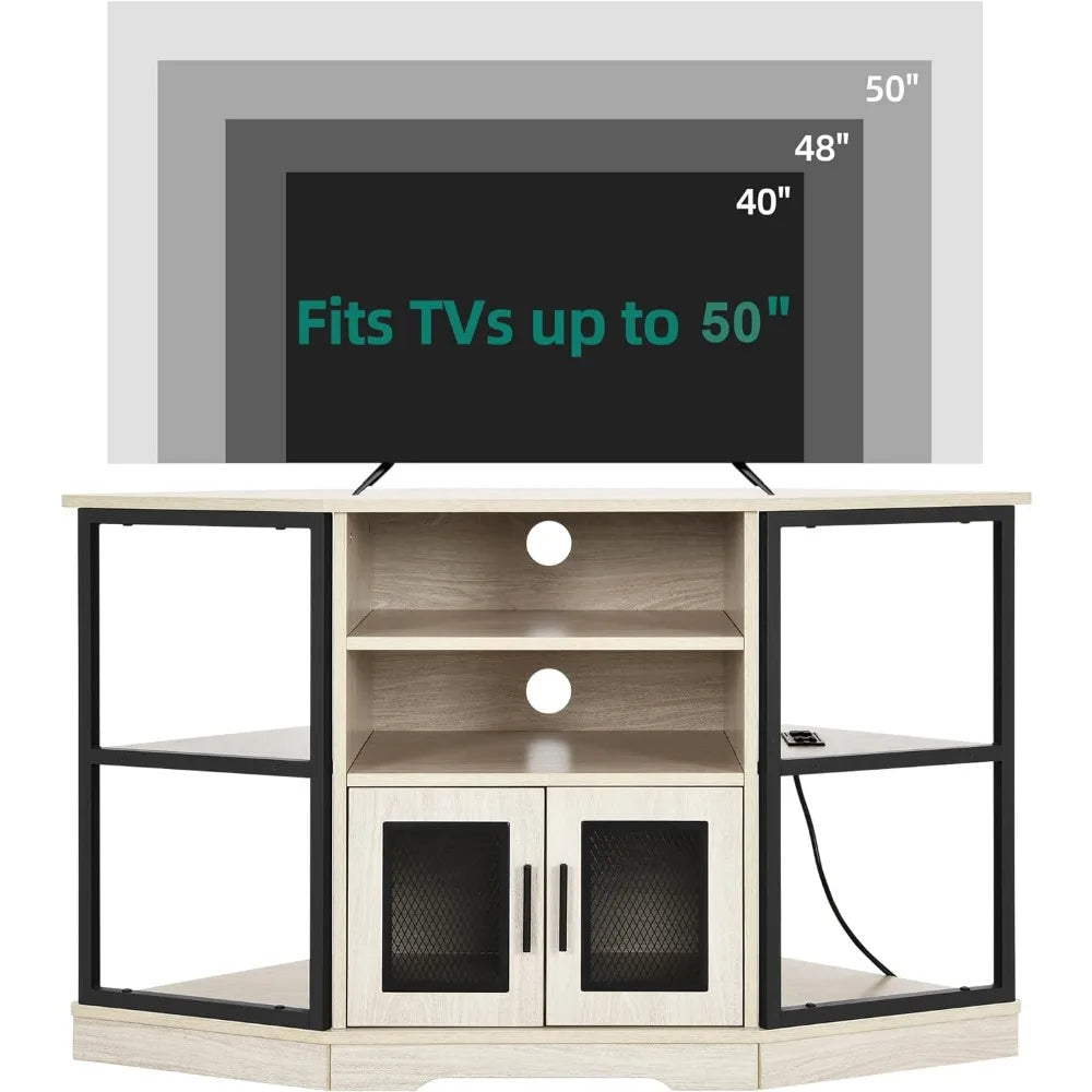 TV Bench with Power Outlet, Media Console Table with 6 Open Storage Shelves for Living Room, Corner TV