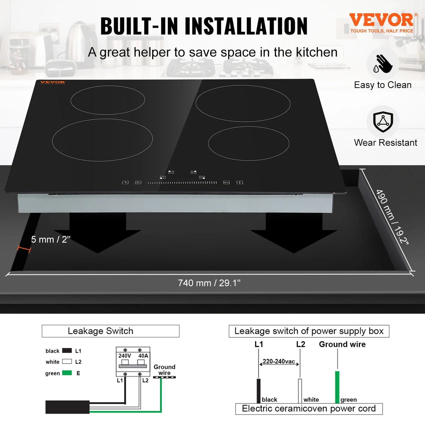 VEVOR 2/4/5 Burners Built-in Induction Stove Top 12/24/30in Ceramic Glass Electric Cooktop