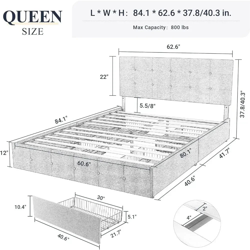 Queen Size Bed Frame with 4 Storage Drawers and Headboard, Square Stitched Button Tufted, No Box Spring Needed, Queen Bed Frame