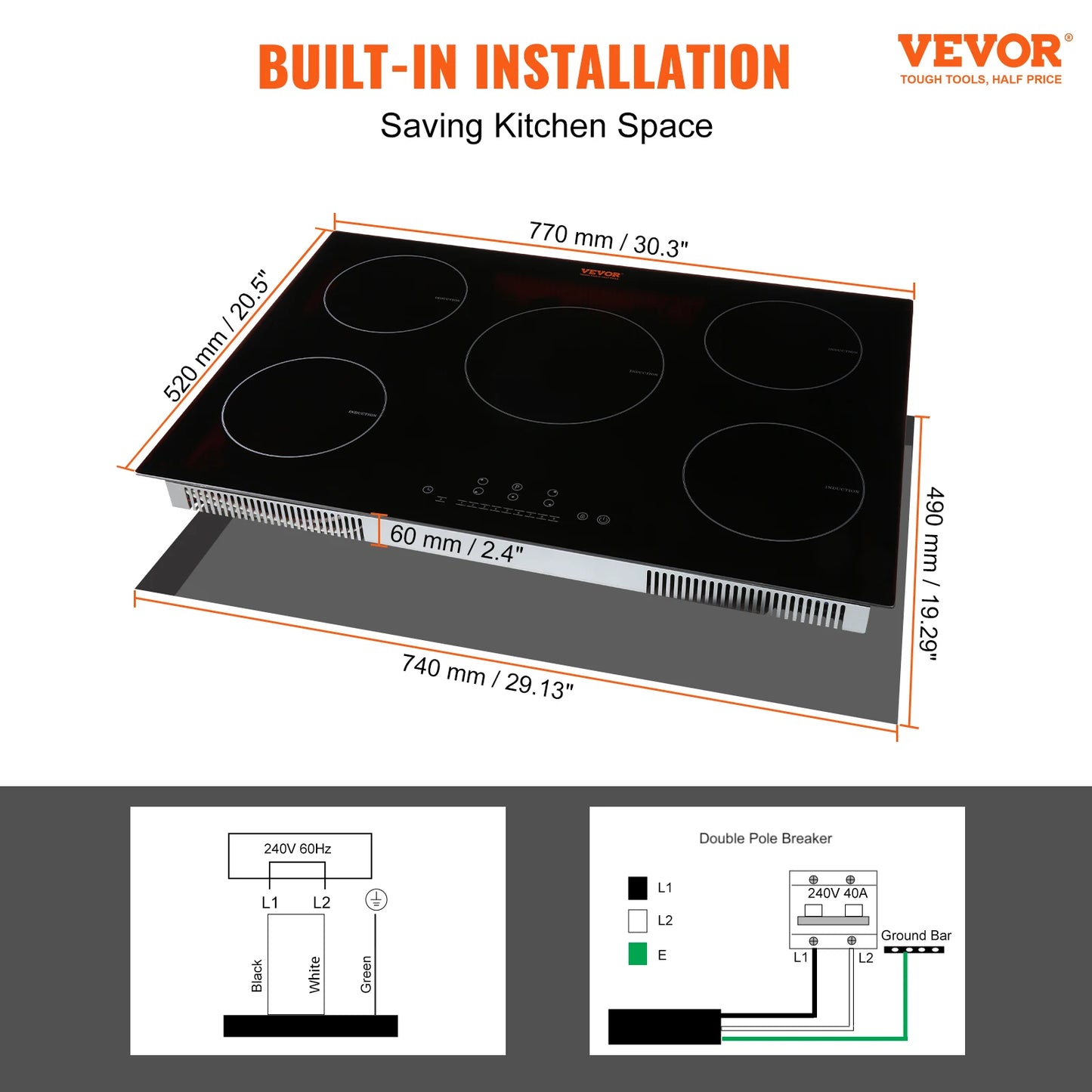 VEVOR 5 Burners 30/36 Inch Electric Induction Cooktop Stove Hob Built-in Burner Cooker Sensor Touch Control Magnetic Cooker