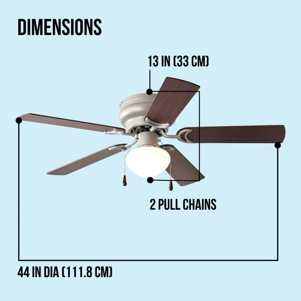 Household Mini Ceiling fan, 44-inch Hugger Indoor Ceiling Fan with Light Kit, Satin Nickel, 5 Blades, Reverse Airflow