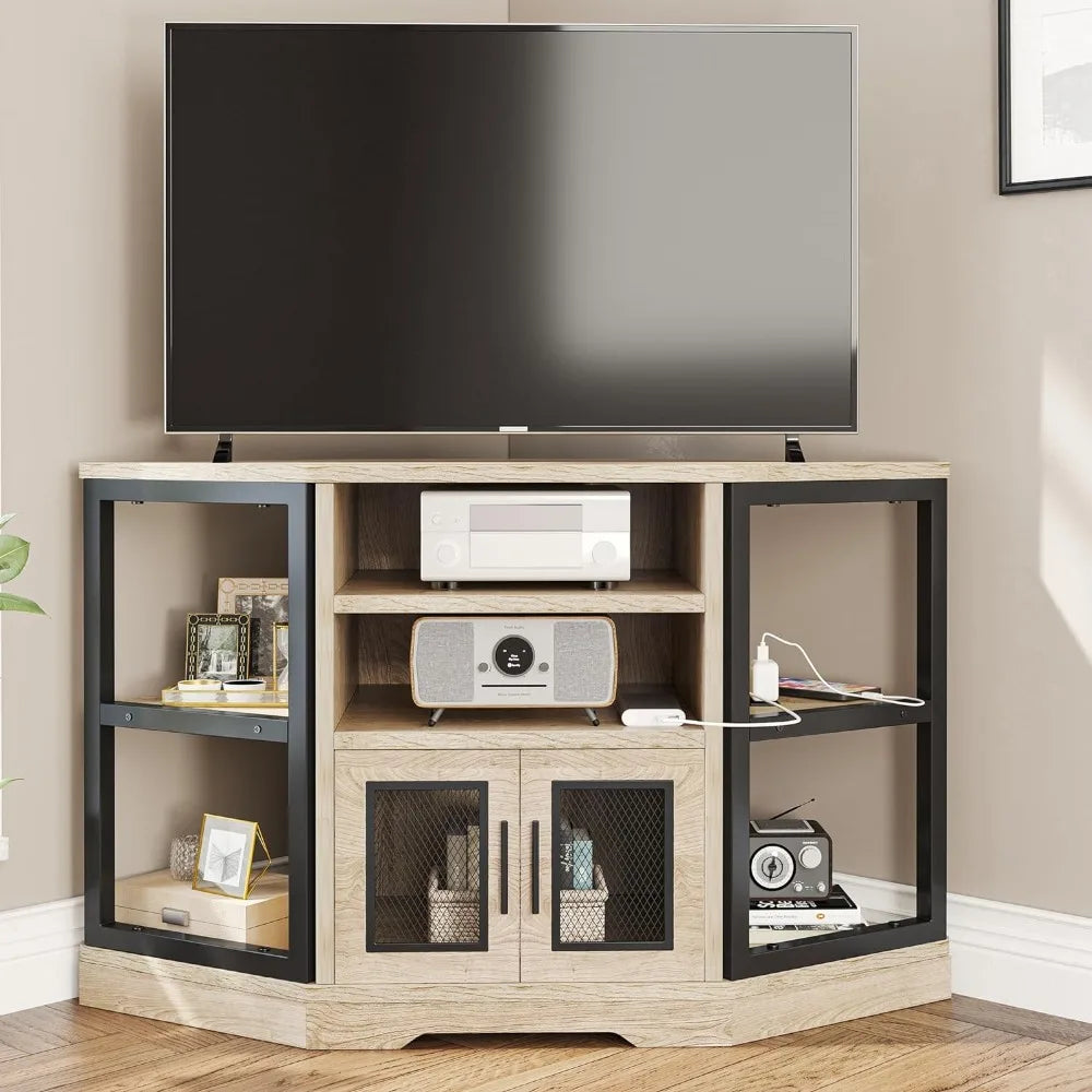 TV Bench with Power Outlet, Media Console Table with 6 Open Storage Shelves for Living Room, Corner TV