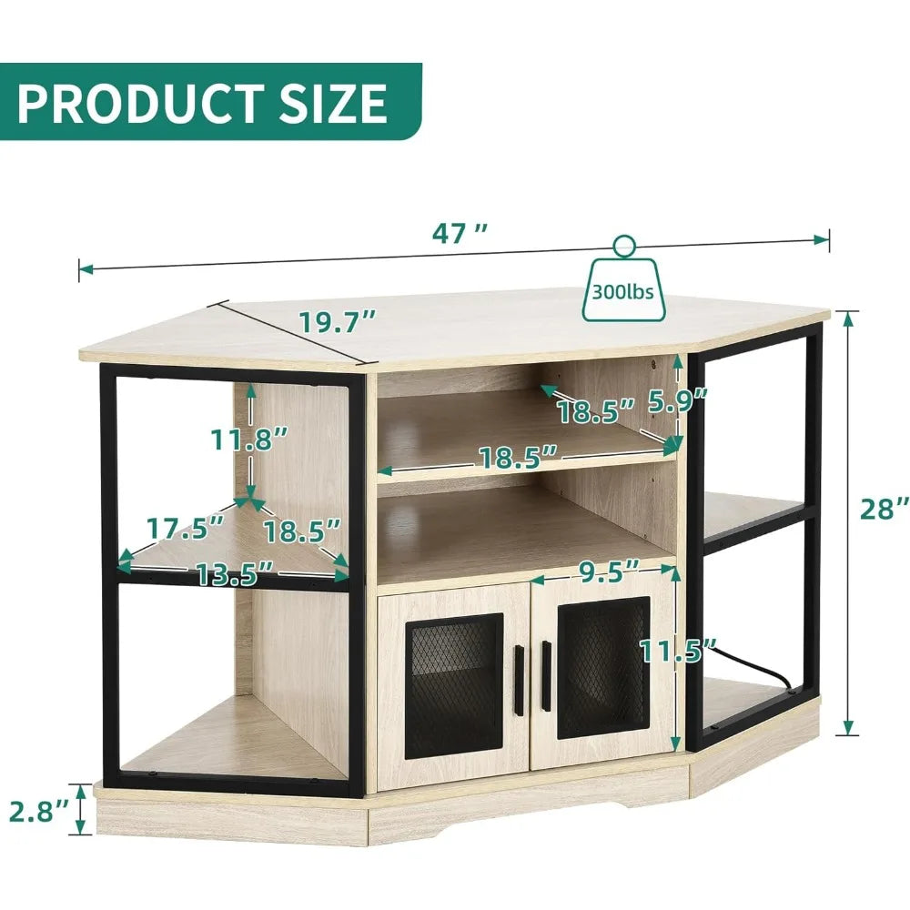 TV Bench with Power Outlet, Media Console Table with 6 Open Storage Shelves for Living Room, Corner TV