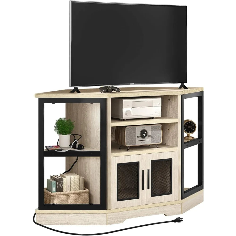 TV Bench with Power Outlet, Media Console Table with 6 Open Storage Shelves for Living Room, Corner TV