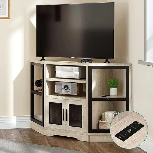 TV Bench with Power Outlet, Media Console Table with 6 Open Storage Shelves for Living Room, Corner TV